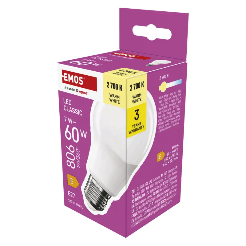 Emos lighting LED žárovka Classic A60 / E27 / 7 W (60 W) / 806 lm / teplá bílá 1525733279