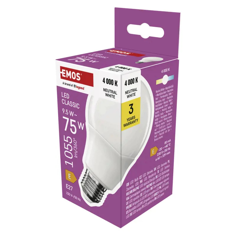 Emos lighting LED žárovka Classic A60 / E27 / 9,5 W (75 W) / 1055 lm / neutrální bílá 1525733473