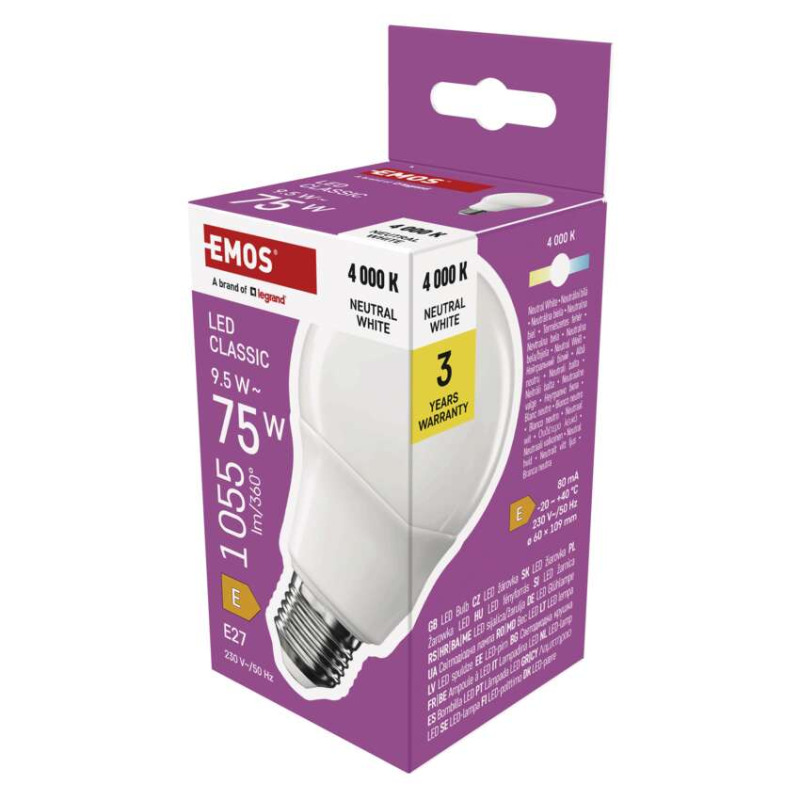 Emos lighting LED žárovka Classic A60 / E27 / 9,5 W (75 W) / 1055 lm / neutrální bílá 1525733473