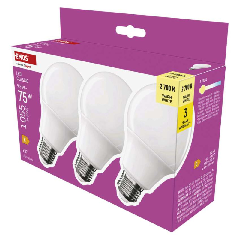Emos lighting LED žárovka Classic A60 / E27 / 9,5 W (75 W) / 1055 lm / teplá bílá 1525733284
