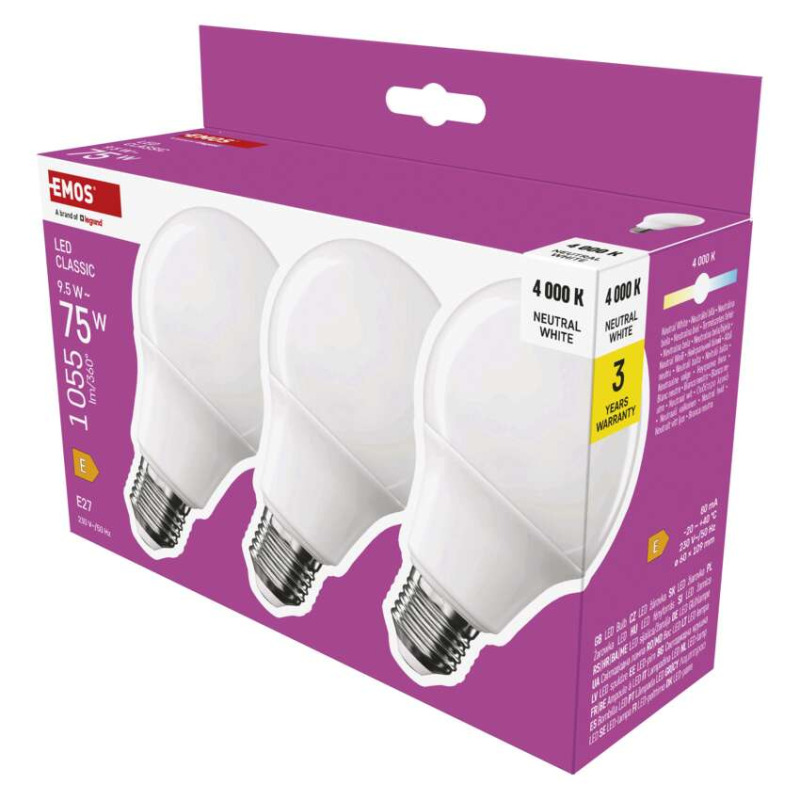 Emos lighting LED žárovka Classic A60 / E27 / 9,5 W (75 W) / 1055 lm / neutrální bílá 1525733477