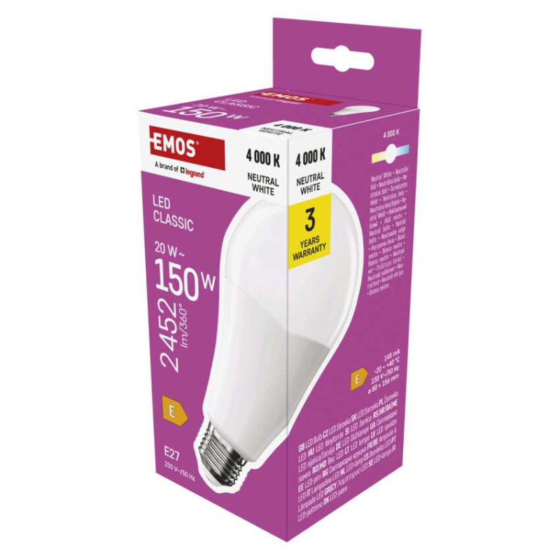 Emos lighting LED žárovka Classic A80 / E27 / 20 W (150 W) / 2452 lm / neutrální bílá 1525733480