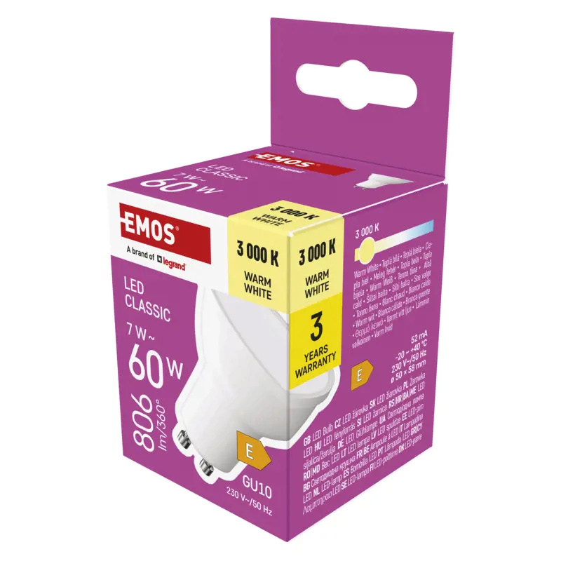 Emos LED žárovka Classic MR16, GU10, 7W (60W), 806lm, 3000K