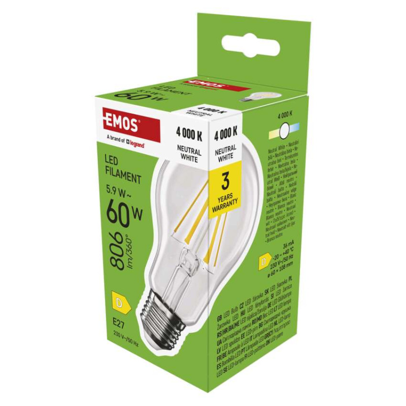 Emos lighting LED žárovka Filament A60 / E27 / 5,9 W (60 W) / 806 lm / neutrální bílá 1525733498