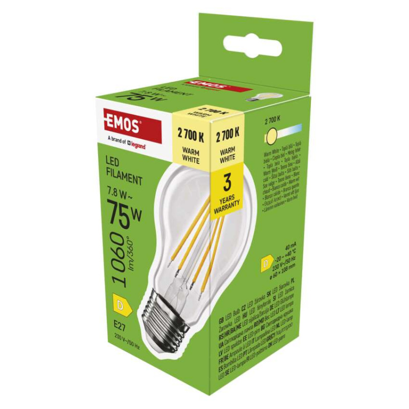 Emos lighting LED žárovka Filament A60 / E27 / 7,8 W (75 W) / 1060 lm / teplá bílá 1525743205