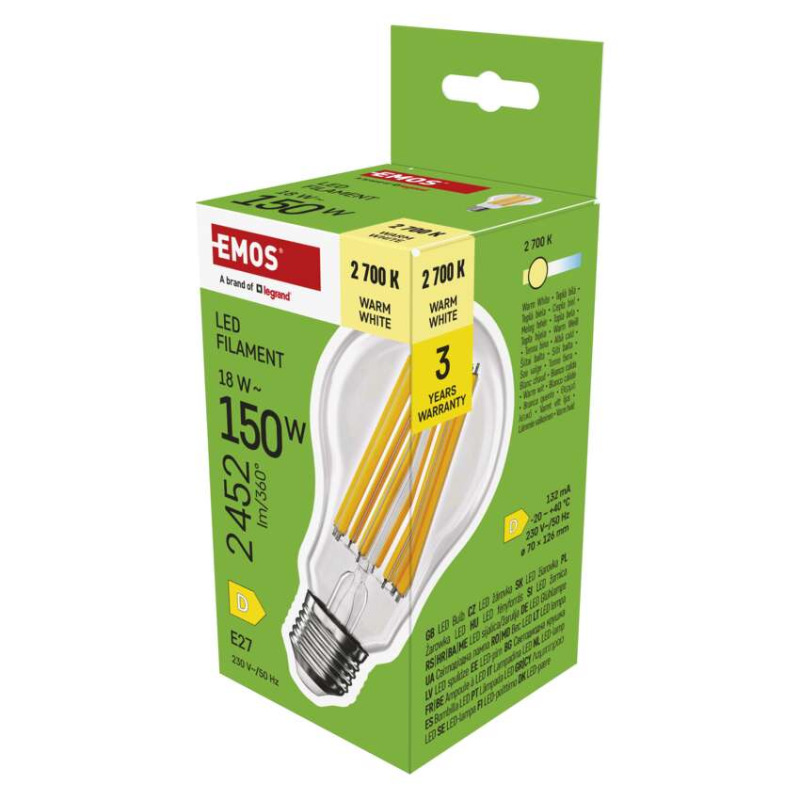 Emos lighting LED žárovka Filament A70 / E27 / 18 W (150 W) / 2452 lm / teplá bílá 1525743208