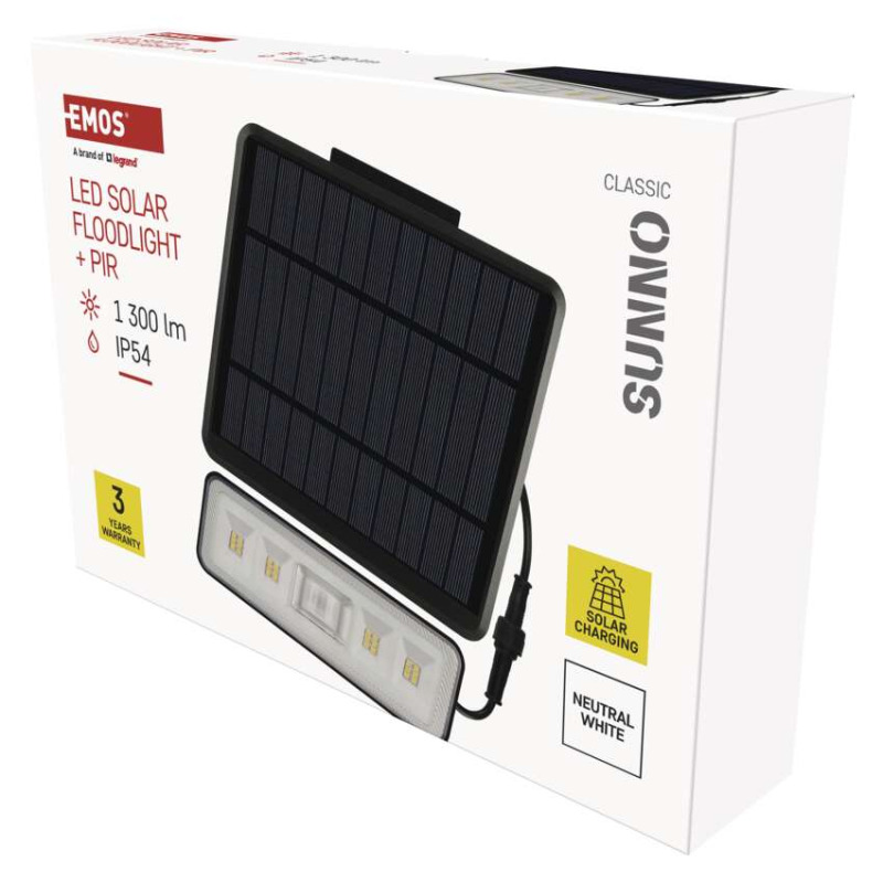 EMOS Solární LED reflektor SUNNO s pohybovým čidlem, černý, neutrální bílá 1552112000
