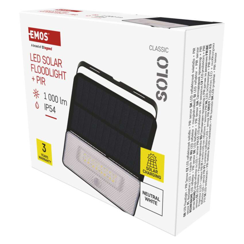 EMOS Solární LED reflektor SOLO s pohybovým čidlem, černý, neutrální bílá 1552121000