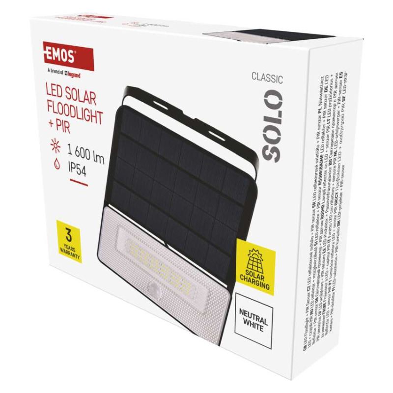 EMOS Solární LED reflektor SOLO s pohybovým čidlem, černý, neutrální bílá 1552122000