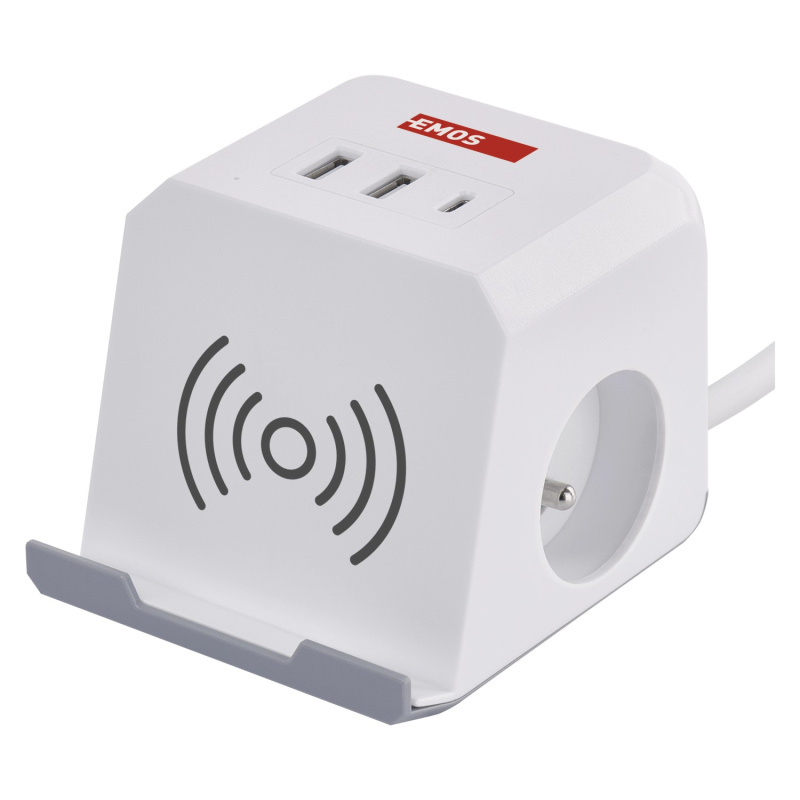 Emos Prodlužovací zásuvka kostka, 2 zásuvky + 2xUSB-A + 1xUSB-C+Qi, bílá, 2 m