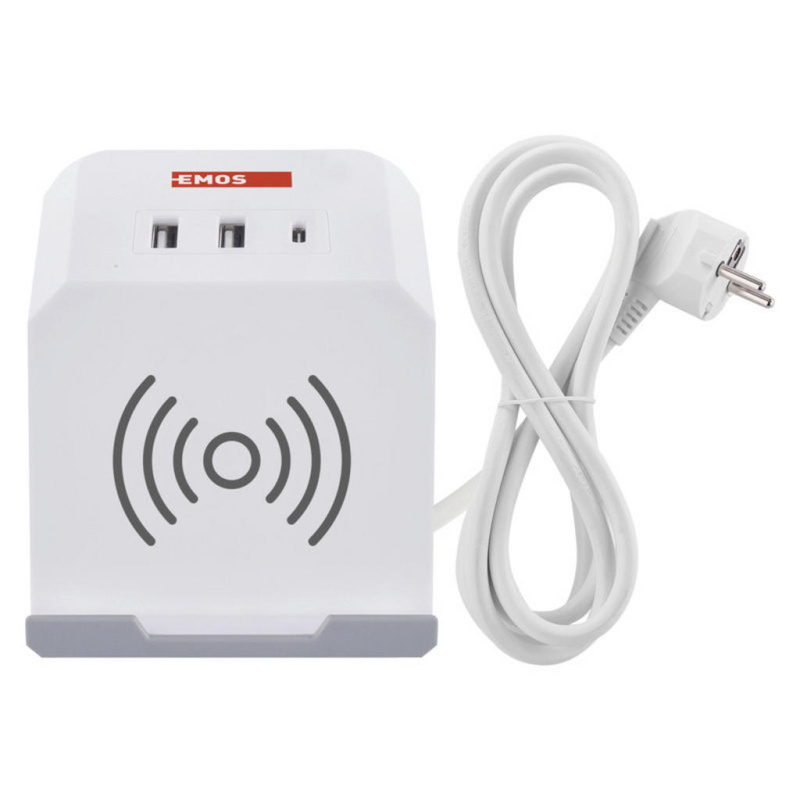 Emos Prodlužovací zásuvka kostka, 2 zásuvky + 2xUSB-A + 1xUSB-C+Qi, bílá, 2 m