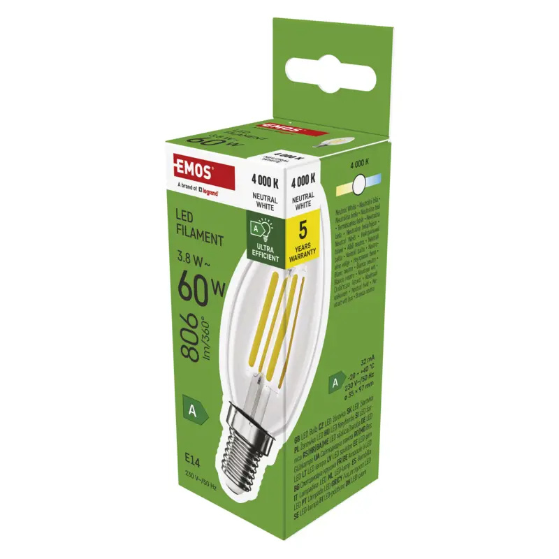 Emos lighting LED žárovka Filament svíčka A CLASS / E14 / 3,8 W (60 W) / 806 lm / neutrální bílá 1525731453
