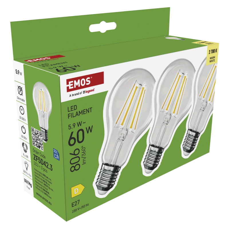 Emos LED žárovka Filament A60, E27, 5,9W (60W), 806lm, 2700K, 3 ks
