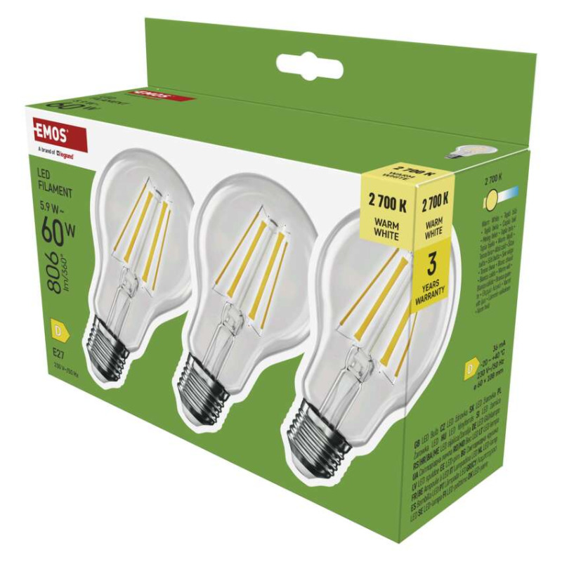 Emos LED žárovka Filament A60, E27, 5,9W (60W), 806lm, 2700K, 3 ks