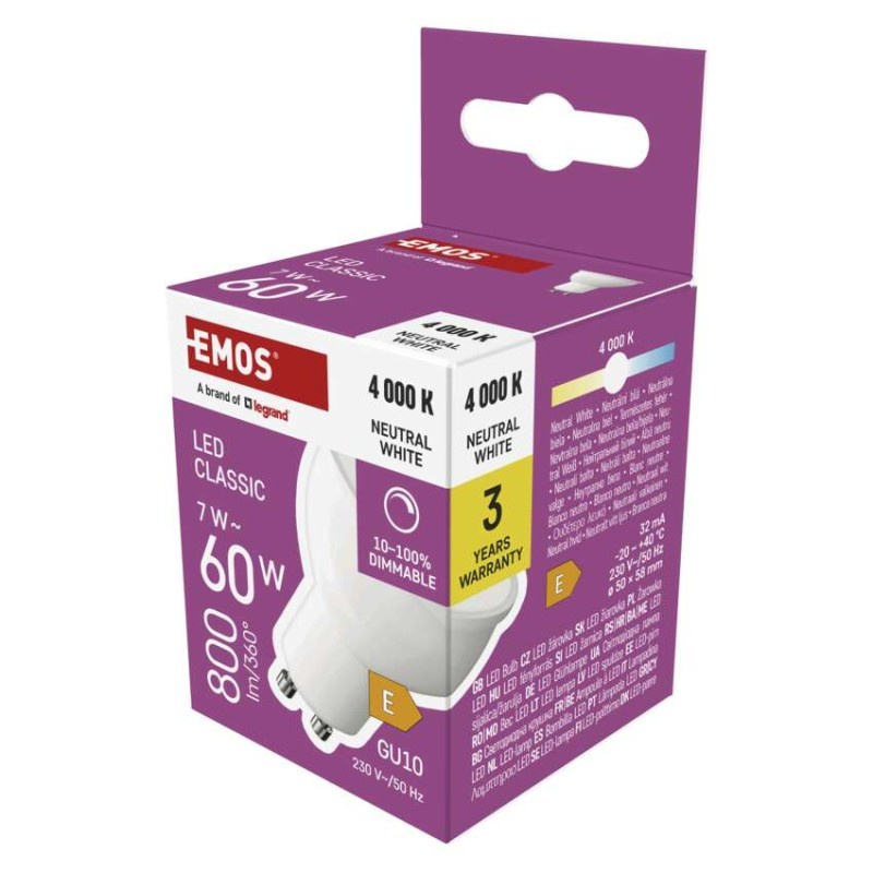 EMOS LED žárovka Classic MR16 / GU10 / 7 W (60 W) / 800 lm / neutrální bílá / stmívatelná 1525730431