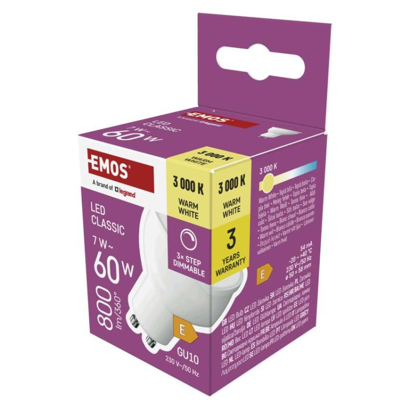 EMOS LED žárovka Classic MR16 / GU10 / 7 W (60 W) / 800 lm / teplá bílá / krokově stmívatelná 1525740237