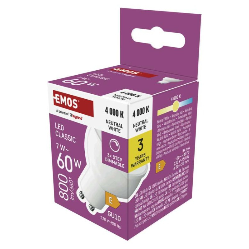 EMOS LED žárovka Classic MR16 / GU10 / 7 W (60 W) / 800 lm / neutrální bílá / krok. stmv. 1525730432