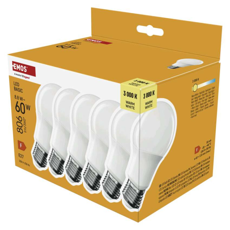 EMOS ZL5F47.6 LED BASIC A60 8,8W(60W) 806lm E27 WW 6PC