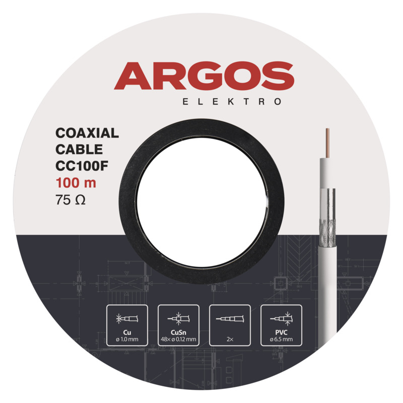 Kabel koaxiální ARGOS CC100F, PVC, vodič 1 mm, plášť 6,5 mm, vnitřní, bílá, 100 m
