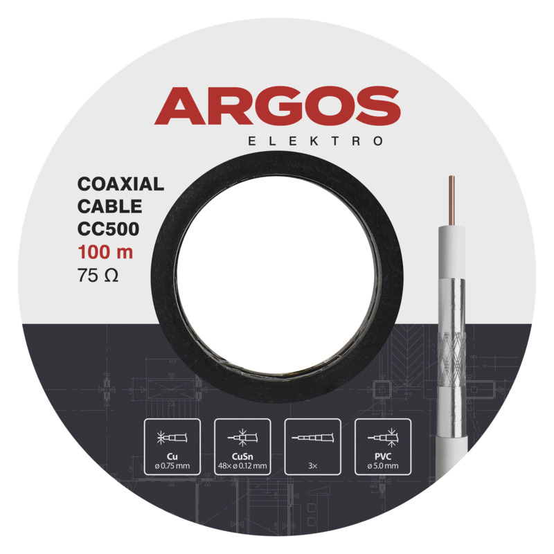 Kabel koaxiální ARGOS CC500, PVC, vodič 0,75 mm, plášť 5 mm, vnitřní, bílá, 100 m