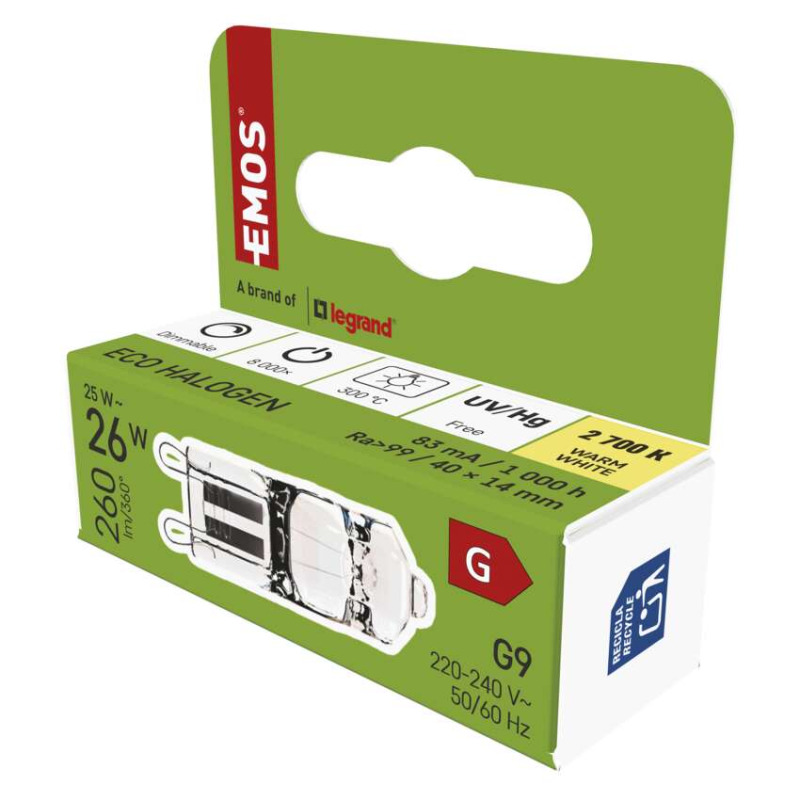 EMOS Halogenová žárovka JC 25W G9 2700K 260lm