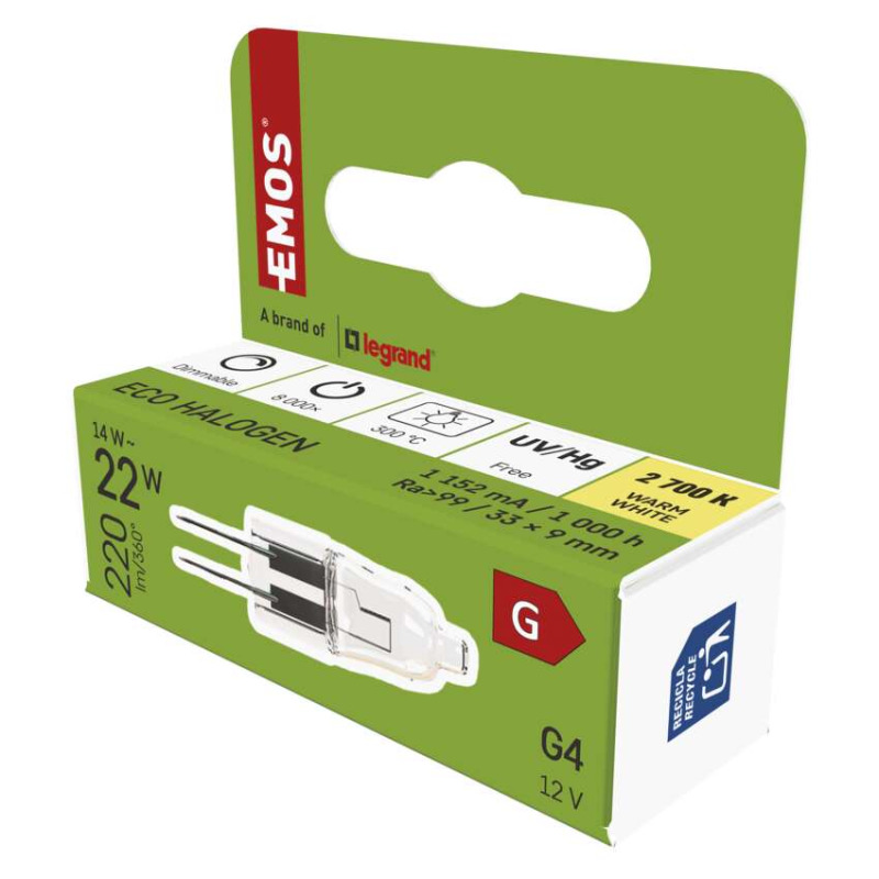 EMOS Halogenová žárovka JC 14W G4 2700K 220lm