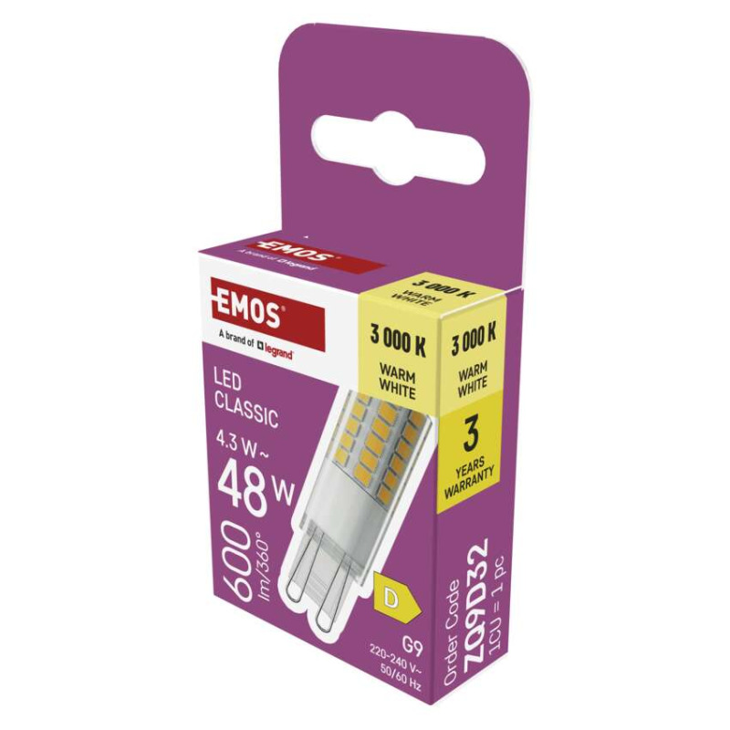 EMOS ZQ9D32 LED CLS JC 4,3W(48W) 600lm G9 WW