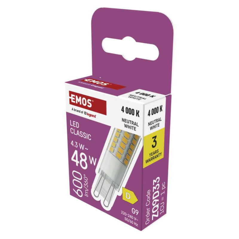 EMOS ZQ9D33 LED CLS JC 4,3W(48W) 600lm G9 NW