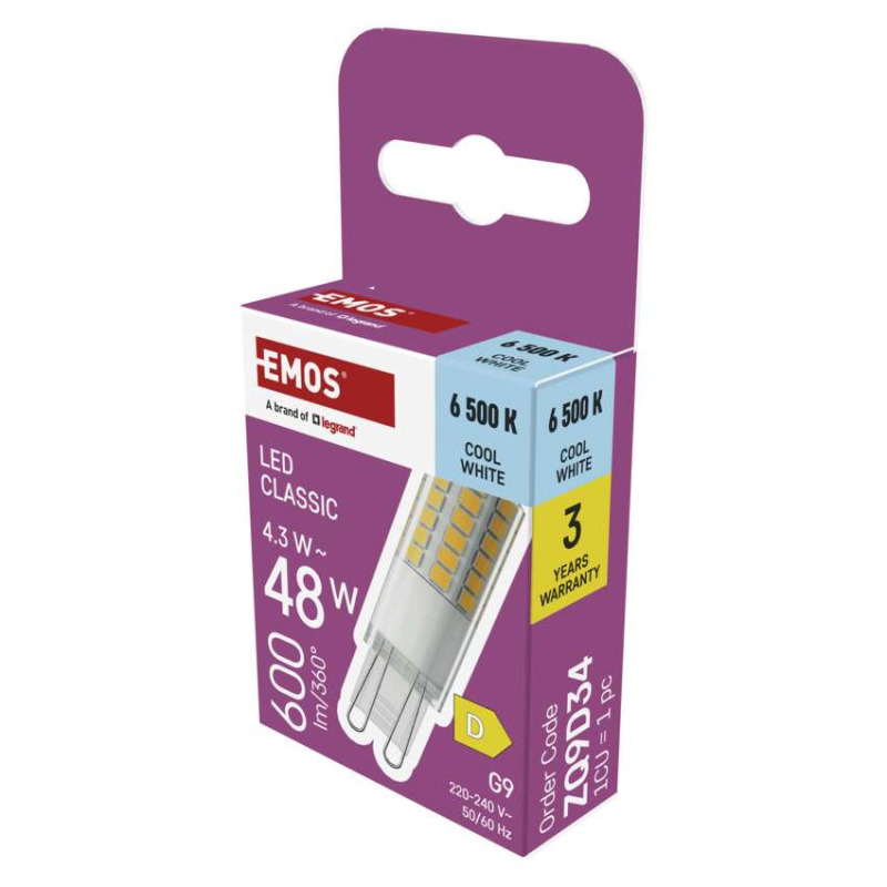 EMOS ZQ9D34 LED CLS JC 4,3W(48W) 600lm G9 CW