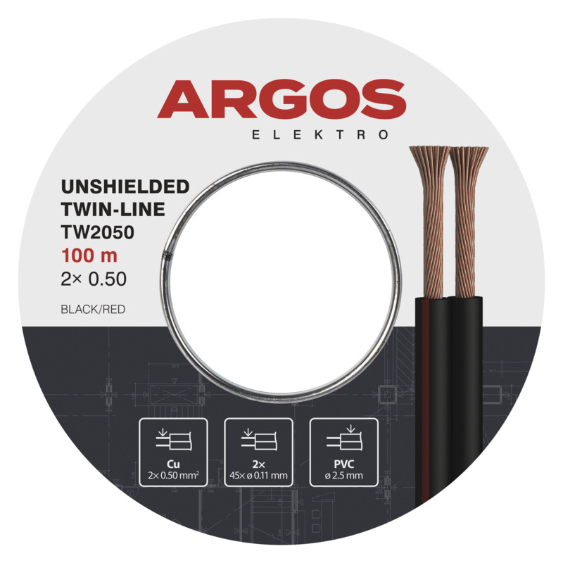 Dvojlinka nestíněná ARGOS TW2050, 2x 0,50 mm, černo-rudá, 100 m