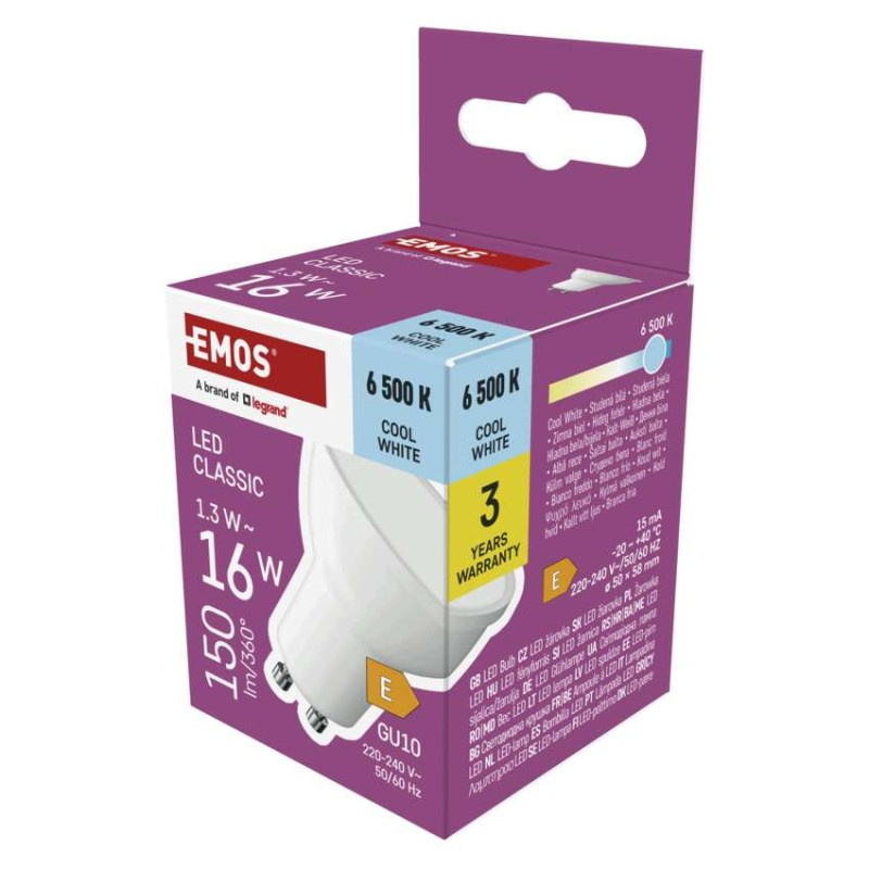 EMOS LED žárovka Classic MR16 bílá / GU10 / 1,3 W (16 W) / 150 lm / studená bílá 1525730119
