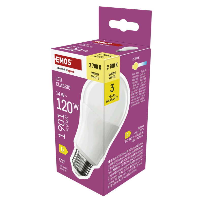 EMOS LED žárovka Classic A60 E27 14W 1901lm 2700K opál