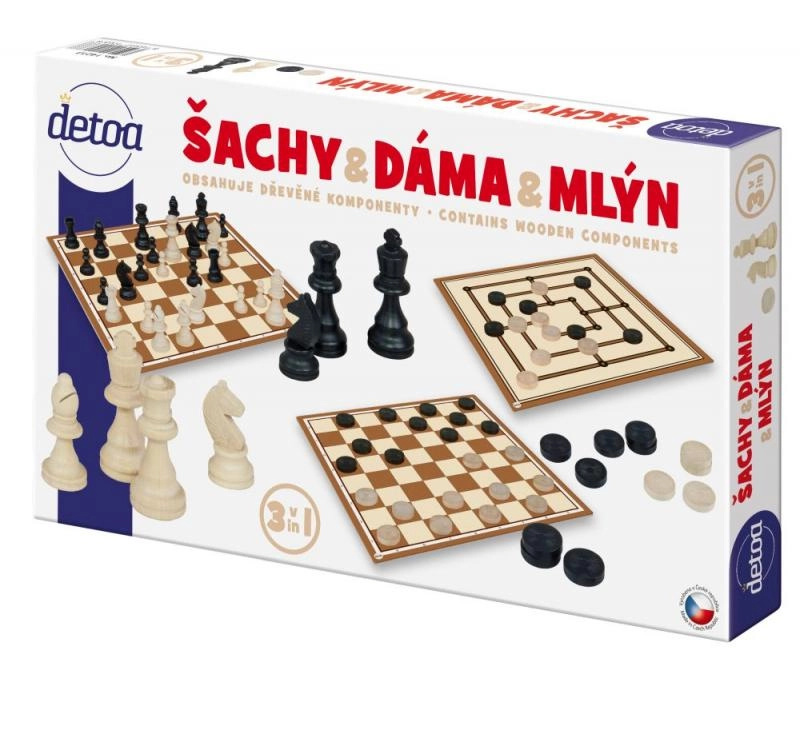 Detoa Šachy a dáma dřevěné figurky a kameny
