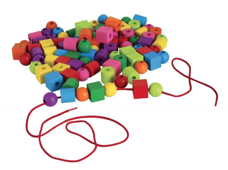 Detoa Maxiperle dřevěné barevné se šňůrkou 92 ks v plastové dóze 10x14cm