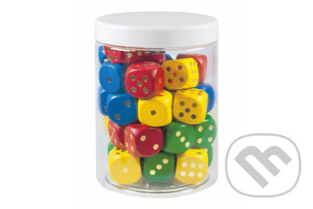 Hrací kostky barevné dřevo společenská hra 16mm 150 ks v plastové dóze 10x14cm