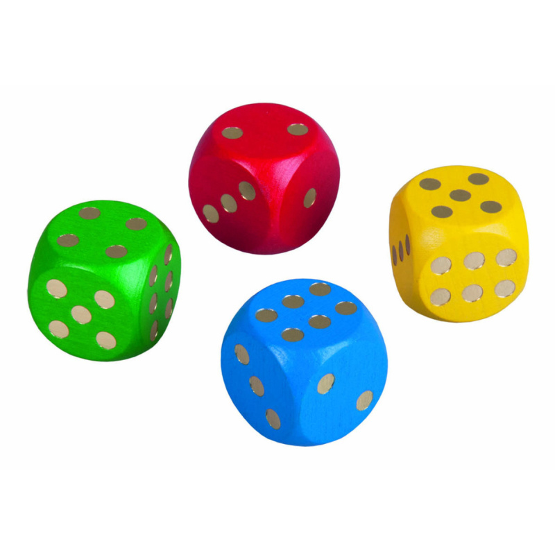 Hrací kostky barevné dřevo společenská hra 25mm 34 ks v plastové dóze 10x14cm 12m+