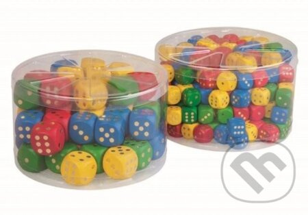 Hrací kostky barevné dřevo společenská hra 25mm 34 ks v plastové dóze 10x14cm 12m+