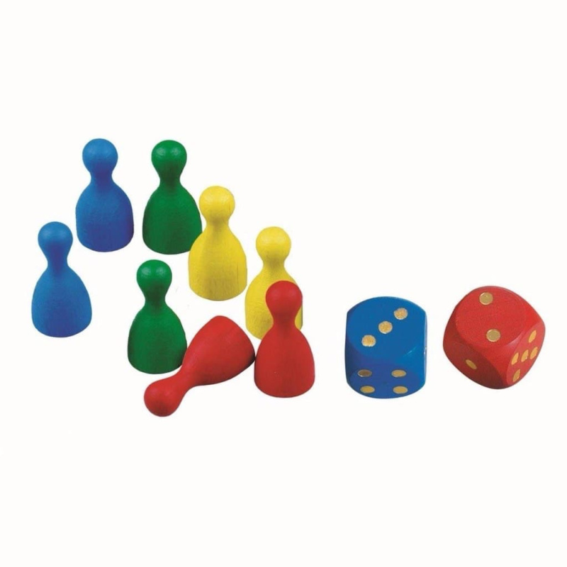 Figurky dřevo 25mm 24ks 6 barev+ 2 kostky společenská hra v sáčku 7x13cm