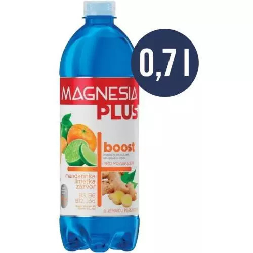 Magnesia Plus Boost - ochucená minerální voda - mandarinka, limetka a zázvor, 0,7 l