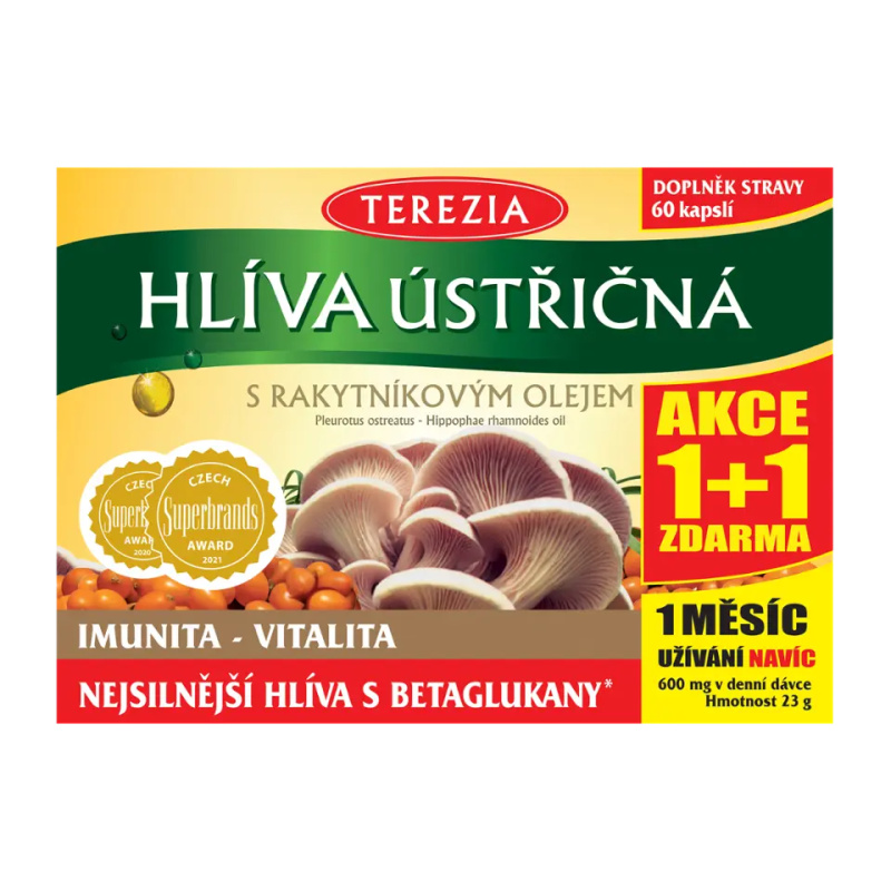 TEREZIA Hlíva ústřičná s rakytníkovým olejem 60 kapslí 1+1 ZDARMA
