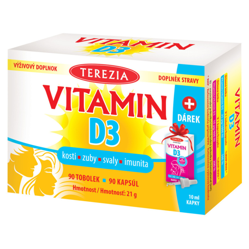 TEREZIA Vitamin D3 1000 IU 90 tobolek + Vitamin D3 kapky 10 ml DÁREK zdarma
