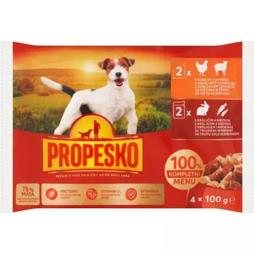 Propesko Kapsička pro psy králičí a karotka/kuřecí a jehněčí, 4x 100 g