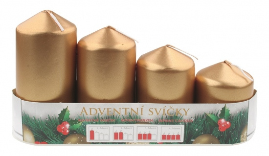 Adventní svíce válec zlatá LAK, postupka 50, 75, 90, 105 x 60 mm, 4 ks Anděl Přerov s.r.o.