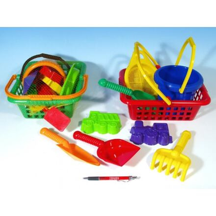 Teddies Košík sada - 2 bábovky rýč lopatka hrabičky sítko kbelík nákupní košík