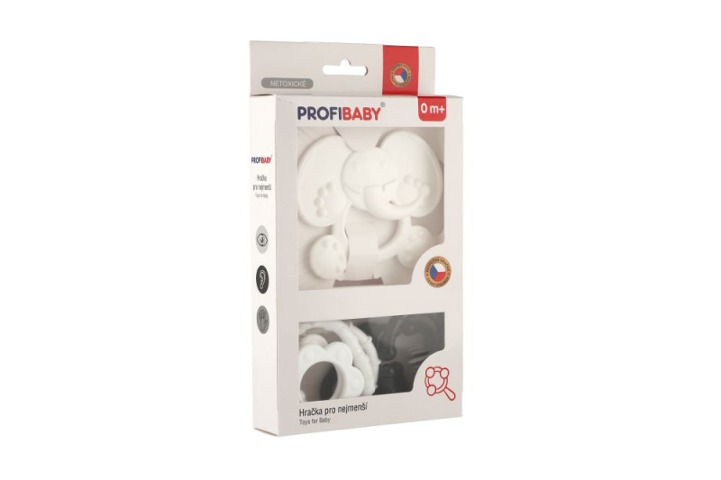 Kousátko zvířátko + přívěsky plast černobílé 3 druhy v krabičce 13x23x3cm 0m+