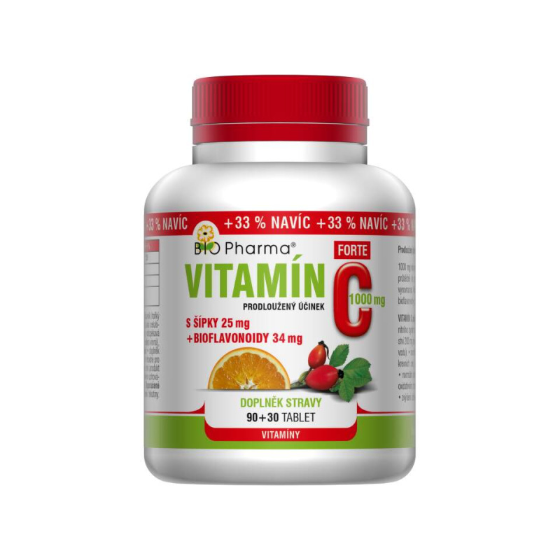 BIO PHARMA Vitamín C 1000 mg forte + šípky 25 mg + bioflavonoidy 34 mg 90+30 tablet