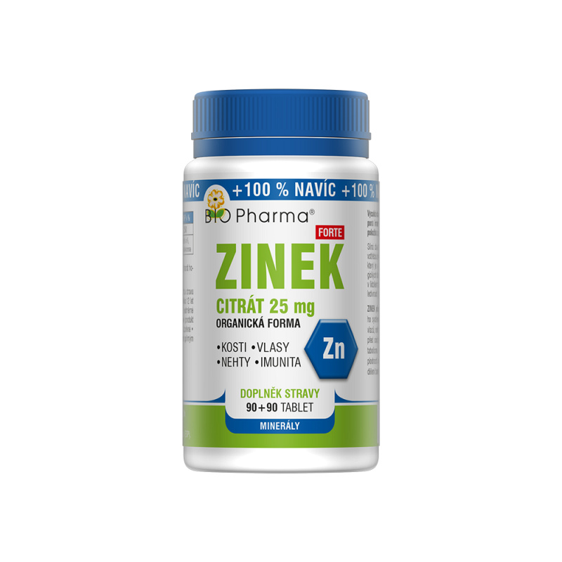 BIO PHARMA Zinek Citrát Forte 25 mg 90+90 tablet