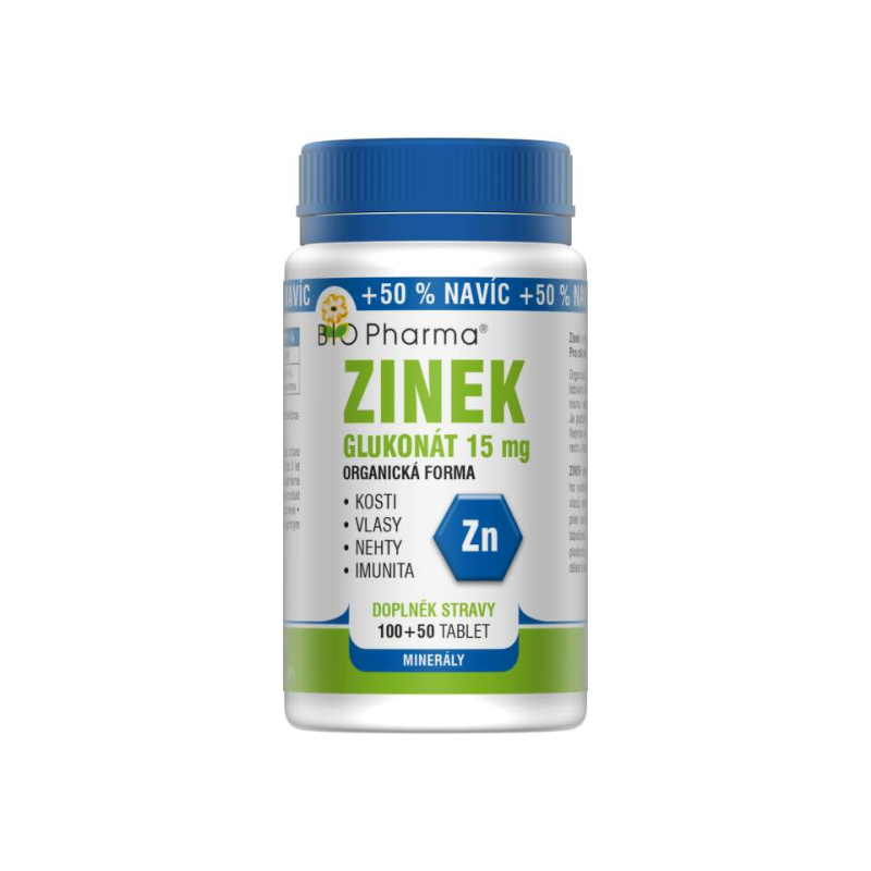 BIO PHARMA Zinek Glukonát 15 mg 100+50 tablet