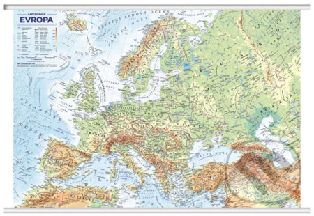 Evropa nástěnná obecně zeměpisná mapa (S lištami v tubusu, 1 : 4 500 000)