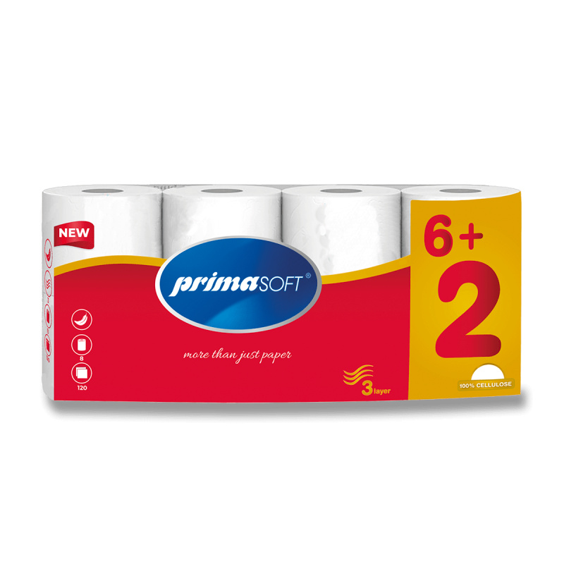 PrimaSoft - toaletní papír - 3vrstvý, návin 14 m, 120 útržků, 8 ks